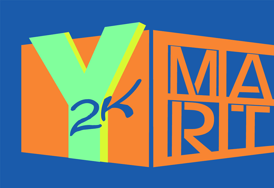 A blue, orange, and green logo for my Y2K-Mart website.